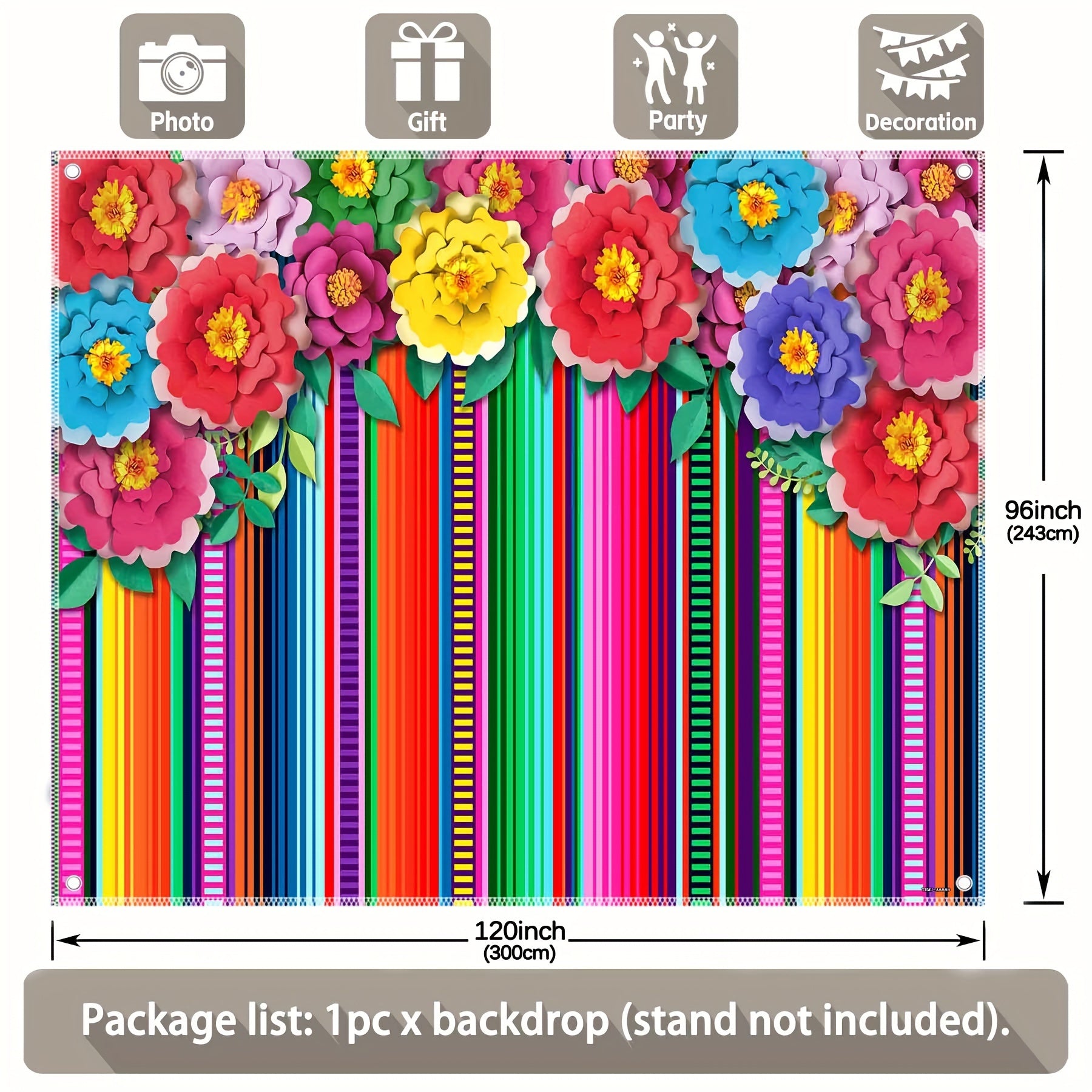 1pc, 7x5ft/8x6ft/10x8ft, Mexican Fiesta Photography Backdrop, Colorful Stripes Paper Flowers Happy Cinco De Mayo Background, Mexico Carnival Birthday Cake Table Party Decorations, Floral Wedding Gifts Photo Booths Banner Supplies, Drilled Holes At The Fou - UUFelice Studio