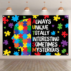 1pc, 72x43inch/96x60inch,Autism Awareness Polyester Photography Backdrop,Always Unique Totally Interesting Sometimes Mysterious Background,Colorful Puzzle Piece Indoor Outdoor Wall Decorations,Photo Booth Banner Supplies,Drilled Holes at the Four Corners  - UUFelice Studio