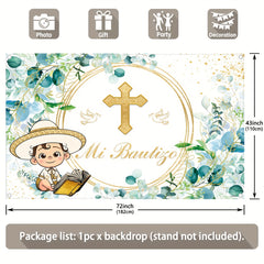 1pc, 72x43inch/96x60inch, Polyester Photography Backdrop, Mexican Baby Shower First Holy Communion Green Leaves Golden Ring Glitter Infant Baptism Background, God Bless Ceremony Boy Girl Party Gifts Decorations, Photo Booth Banner Supplies, Drilled Holes - UUFelice Studio