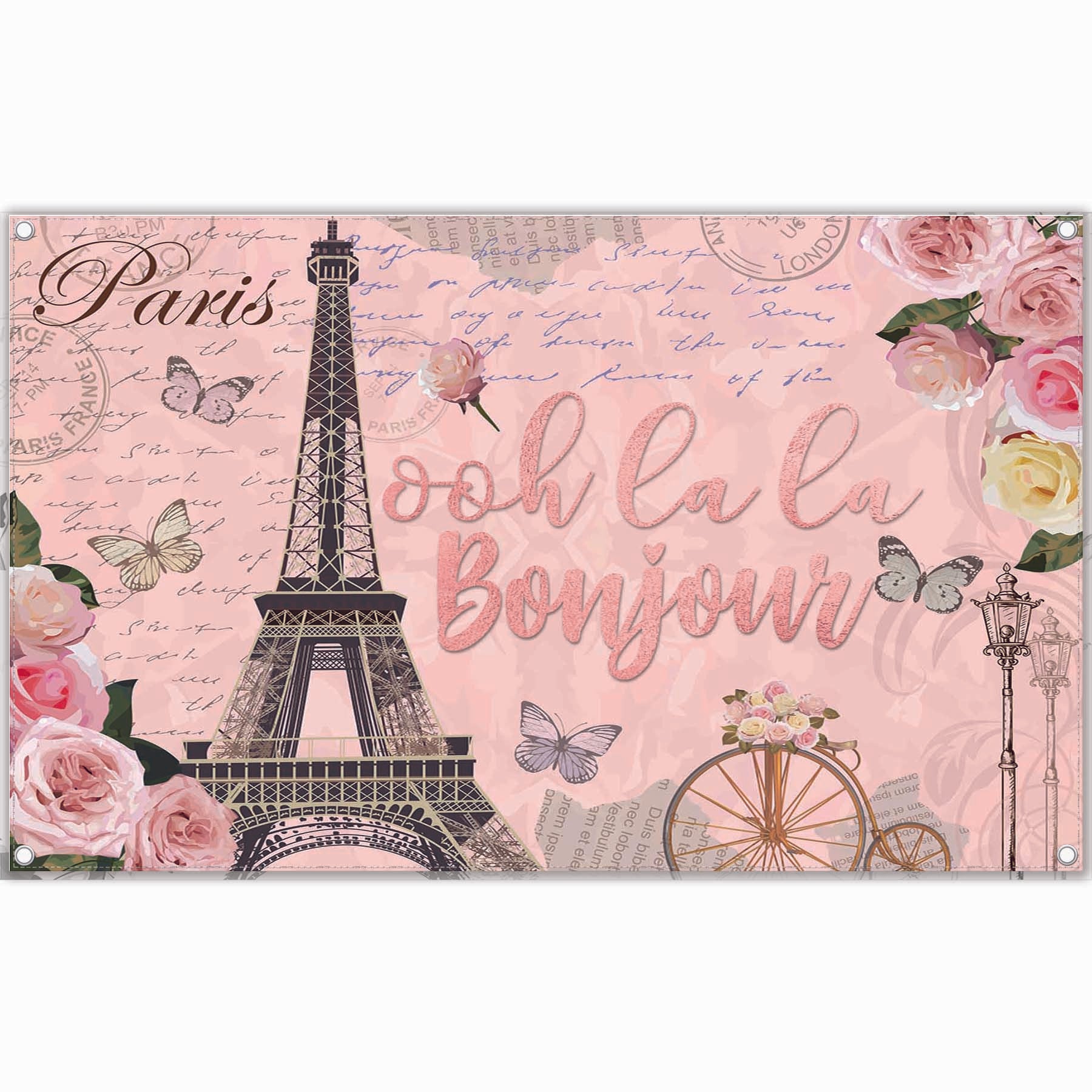 Vintage Paris Ooh la la Bonjour Pink Eiffel Tower Backdrop