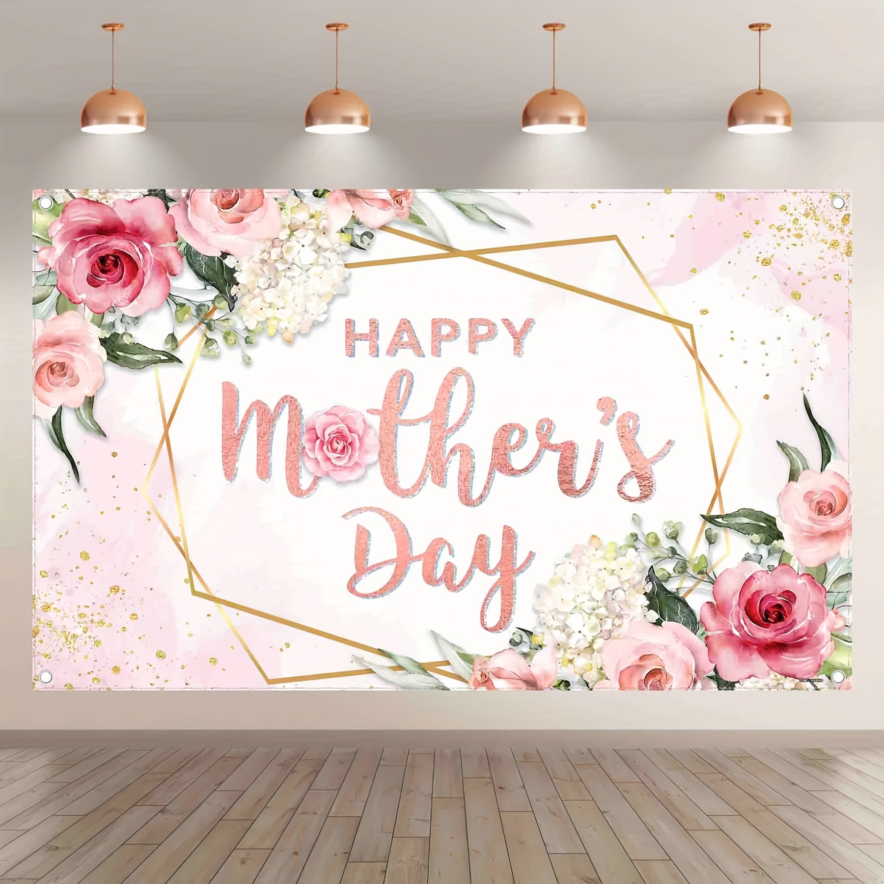 1pc, 72x43inch/96x60inch, Happy Mother's Day Polyester Photography Backdrop, Pink White Rose Floral Green Leaves Background, Golden Glitter Thanks Mother's Day Celebration Party Gifts Decorations, Photo Booth Banner Supplies, Drilled Holes At The Four Cor - UUFelice Studio