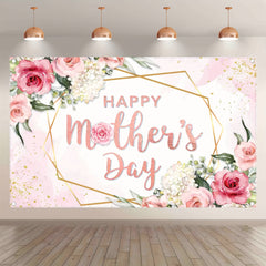 1pc, 72x43inch/96x60inch, Happy Mother's Day Polyester Photography Backdrop, Pink White Rose Floral Green Leaves Background, Golden Glitter Thanks Mother's Day Celebration Party Gifts Decorations, Photo Booth Banner Supplies, Drilled Holes At The Four Cor - UUFelice Studio