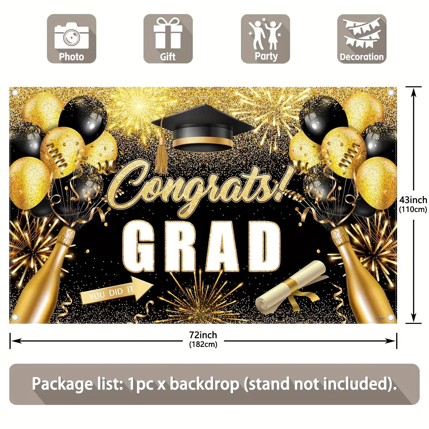 1pc, 72x43inch/96x60inch, Black Golden Congrats Grad Polyester Photography Backdrop, Class Of 2024 Glitter Firework Balloons Prom Background, Elementary Junior Senior High School College University Celebration, Happy Graduation Party Decorations Gifts, Ph - UUFelice Studio