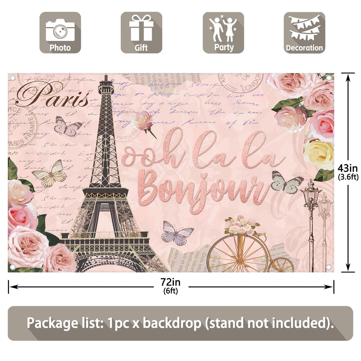 Vintage Paris Ooh la la Bonjour Pink Eiffel Tower Backdrop