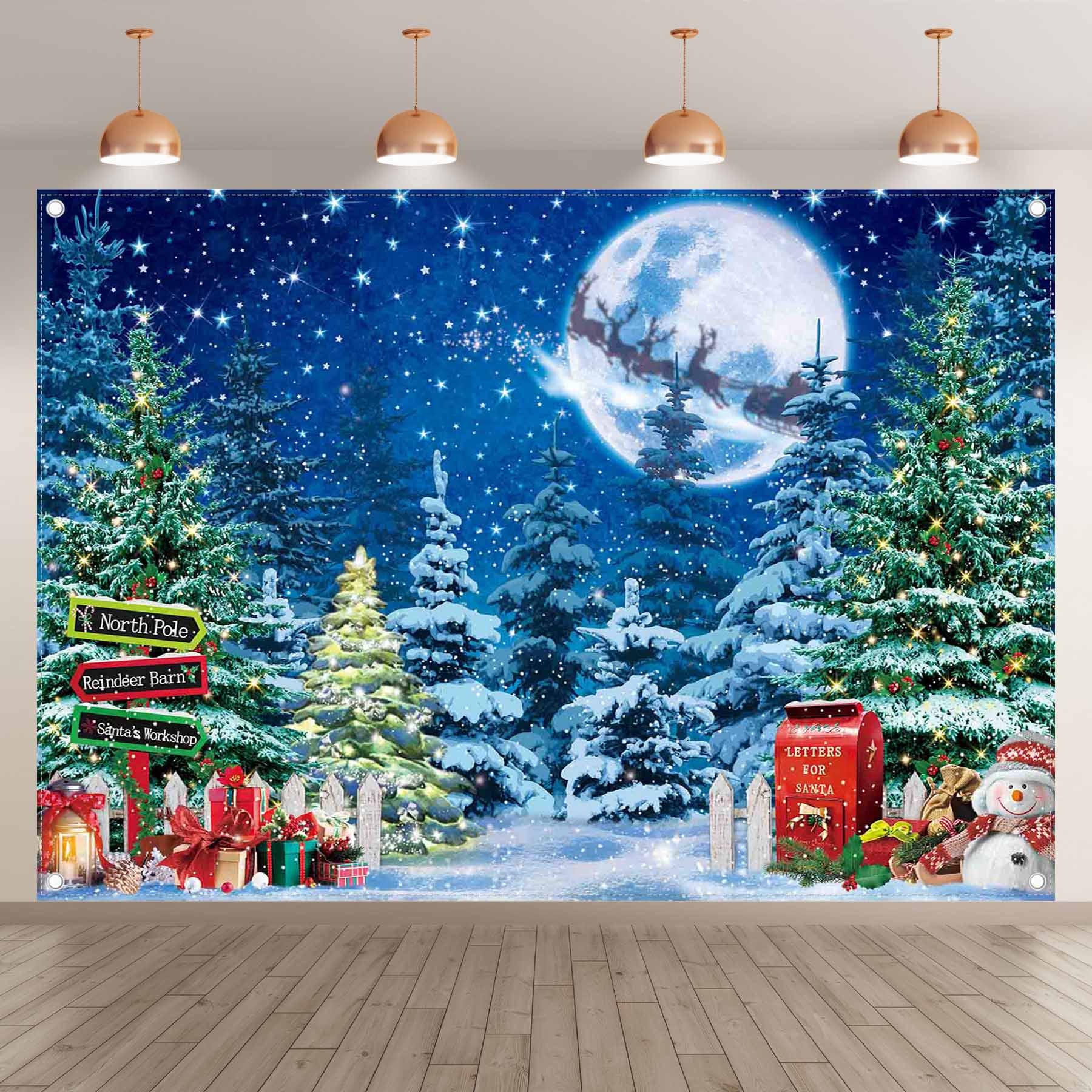 Christmas Winter Scene Night Snow Xmas Tree Backdrop