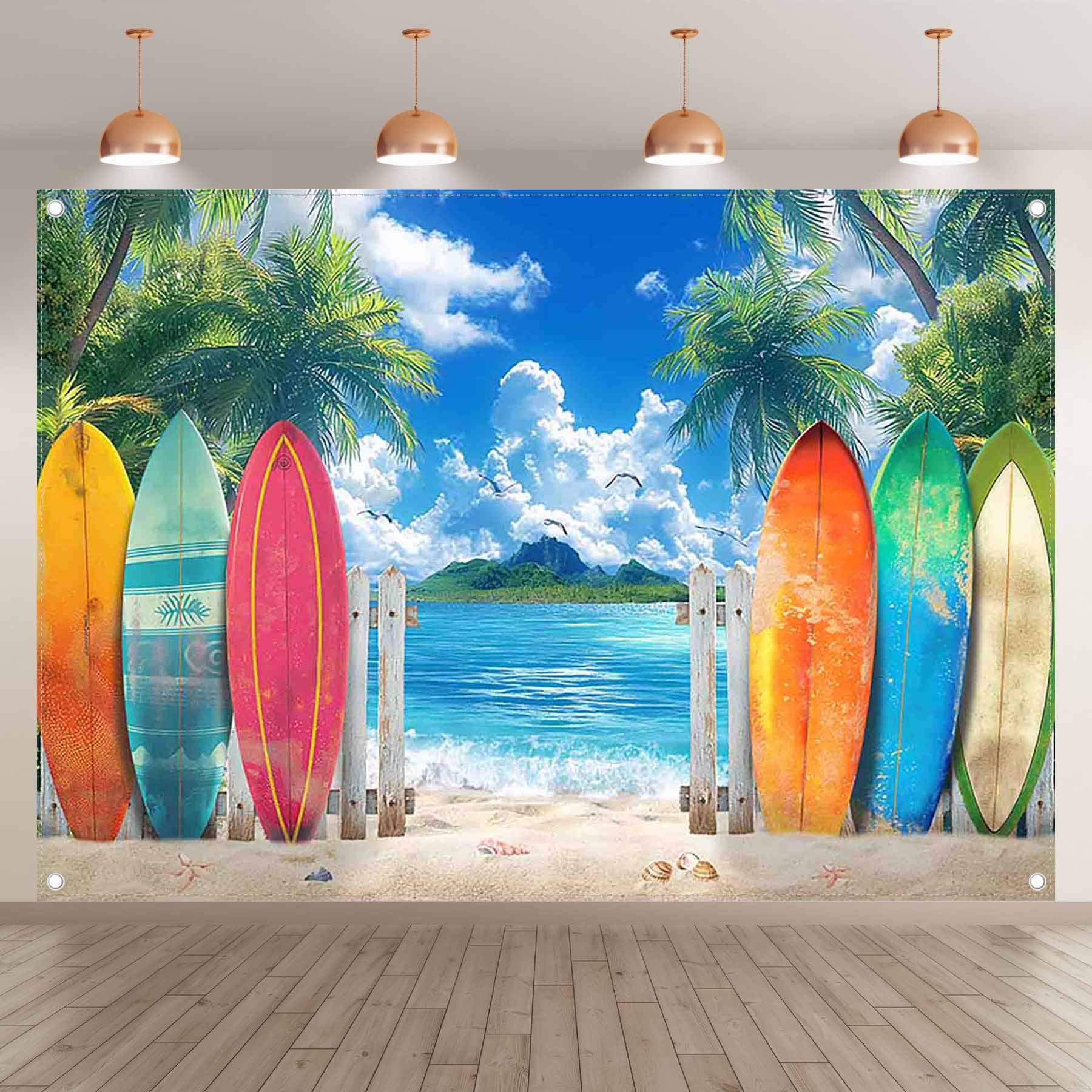 Hawaiian Surfboard Beach Tropical Palm Island Backdrop