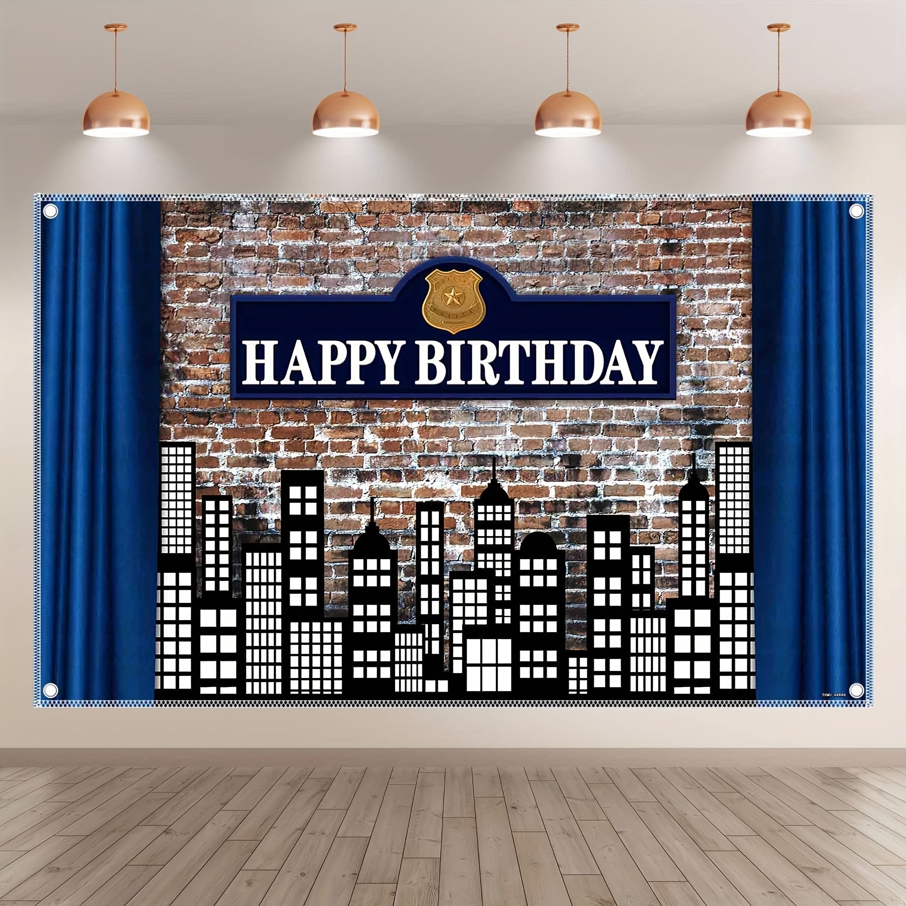 1pc, 72x43inch Police Station City Happy Birthday Polyester Photography Backdrop, Dress Up Brick Party Photo Background Tapestry, Police Badge Banner Decorations, Photo Booths Studio Props, Birthday Cake Table Supplies Room Decor, Drilled Holes At The Fou - UUFelice Studio