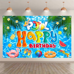 1pc, 72x43inch/96x60inch, Pool Happy Birthday Polyester Photography Backdrop, Summer Blue Swimming Pool Hawaiian Background, Tropical Palm Tree Tiki Birthday Party Gifts Cake Table Decorations, Photo Booth Banner Supplies, Drilled Holes At The Four Corner - UUFelice Studio