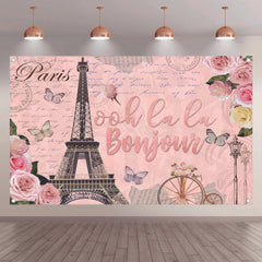 Vintage Paris Ooh la la Bonjour Pink Eiffel Tower Backdrop