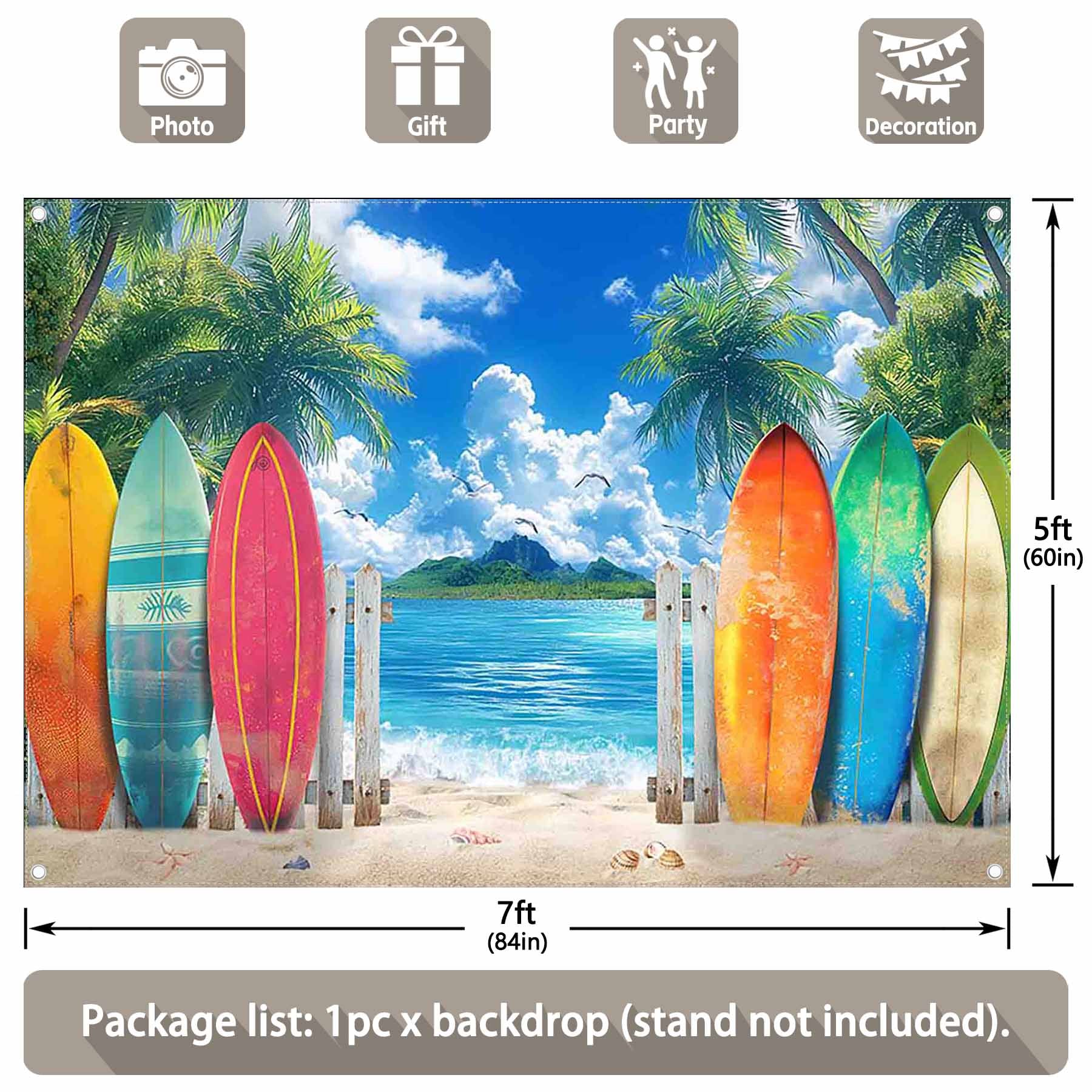 Hawaiian Surfboard Beach Tropical Palm Island Backdrop