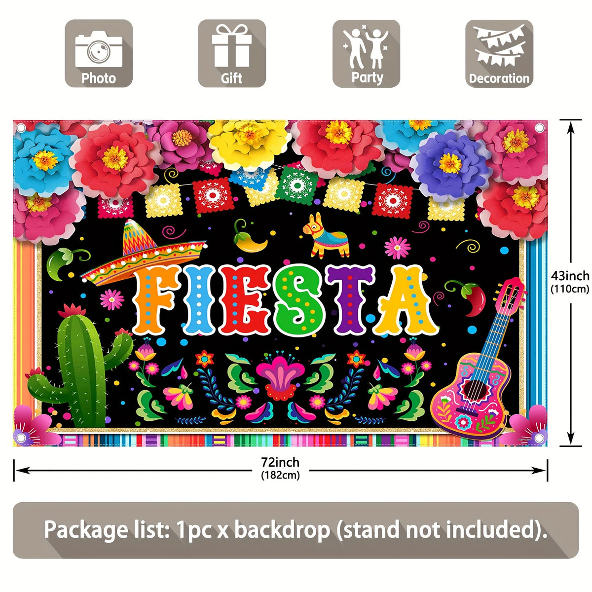 1pc, 72x43inch/96x60inch,Mexican Fiesta Polyester Photography Backdrop, Cinco De Mayo Colorful Flags Floral Background, Mexico Carnival Birthday Wedding Party Gifts Decorations, Photo Booth Banner Supplies, Drilled Holes At The Four Corners For Easy Hangi - UUFelice Studio