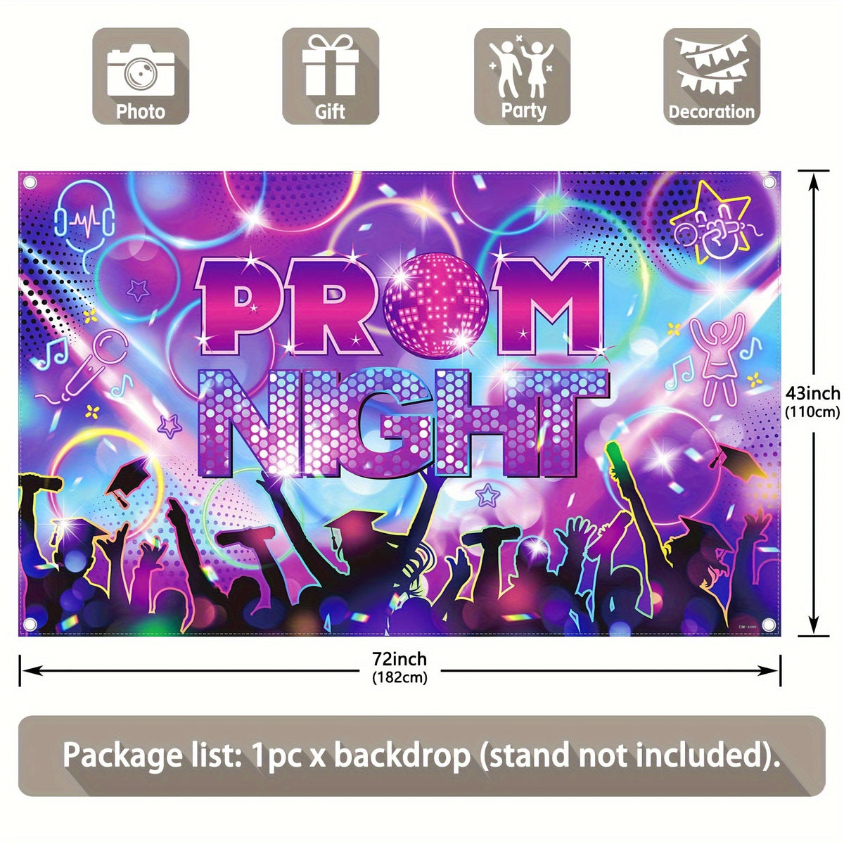 100g Premium Polyester, 72x43inch/96x60inch, Disco Graduation Party Night, 2024 Student Sparkling Neon Light Stage Graduation Party Decoration Photography Backdrop, Four-hole Edge Wrapping, Machine Washable, Low-temperature Ironing, Creases Can Be Complet - UUFelice Studio