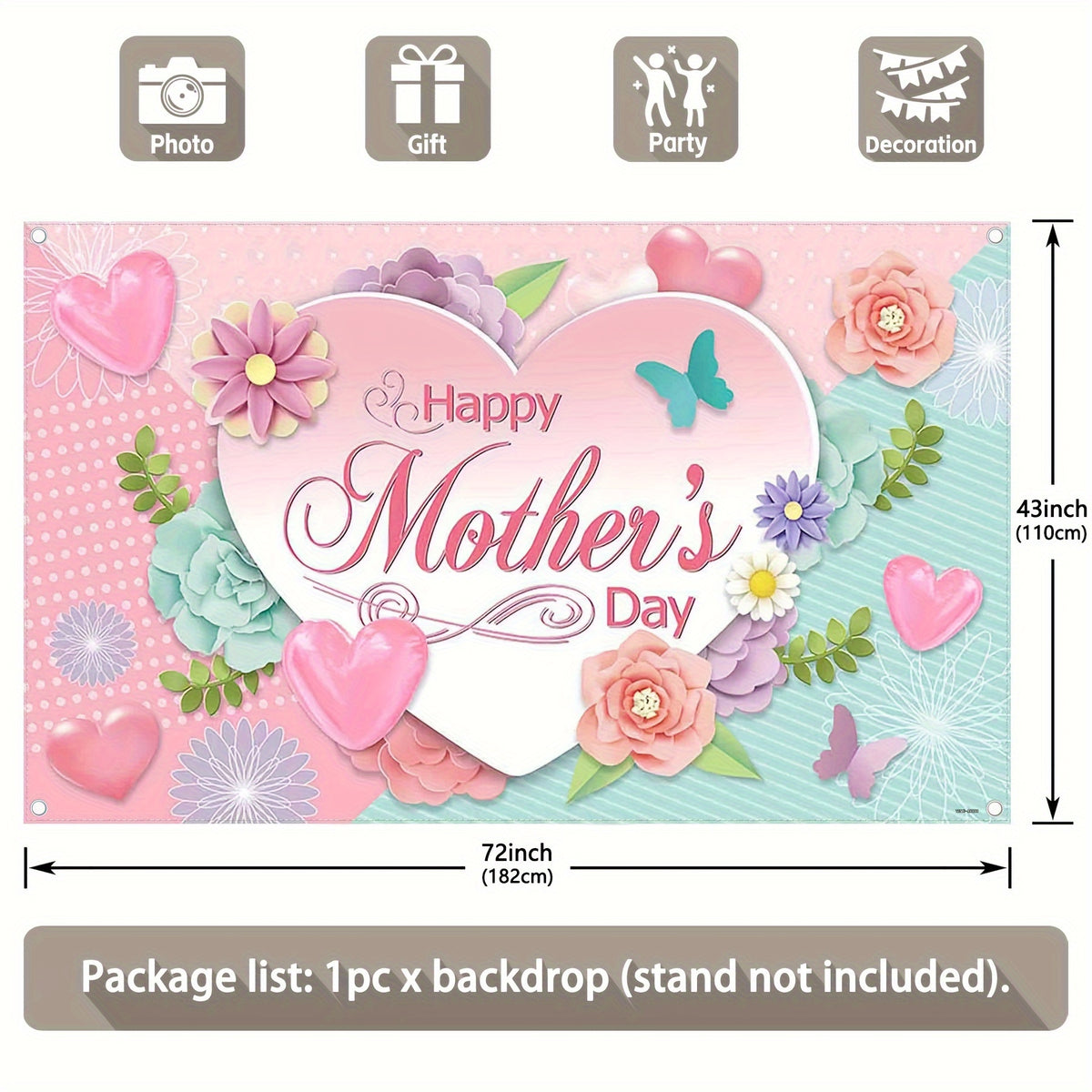 1pc, 72x43inch/96x60inch, Happy Mother's Day! Pink Love Polyester Photography Backdrop,Rose Carnation Butterfly Photo Background Tapestry,Shiny Decorative Lamp Flowers Plants Party Gifts Decorations,Photo Booths Studio Props, Birthday Cake Table Supplies - UUFelice Studio