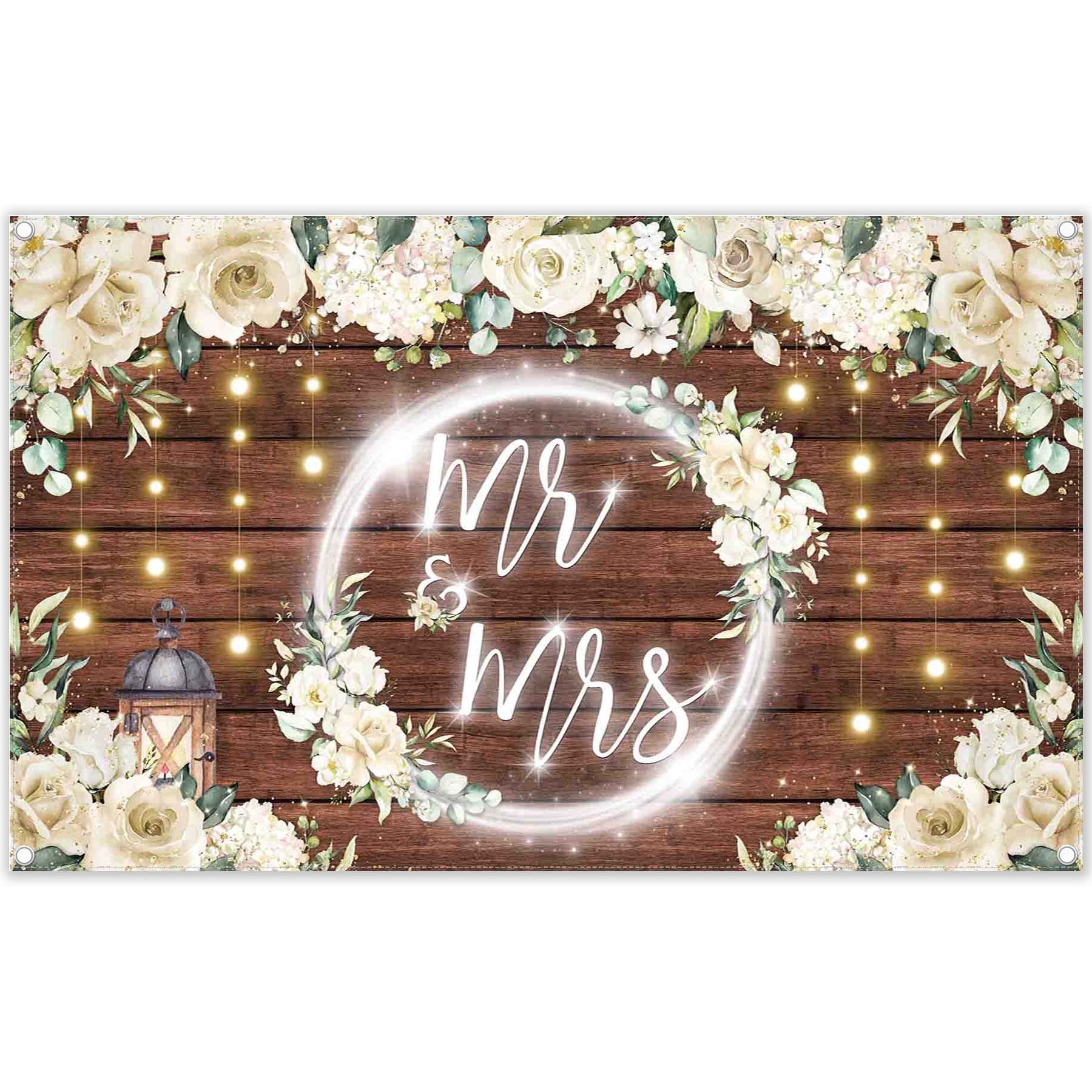 White Floral Mr Mrs Engagement Party Backdrop