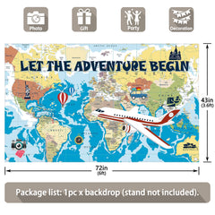 Let The Adventure Begin World Map Airplane Backdrop