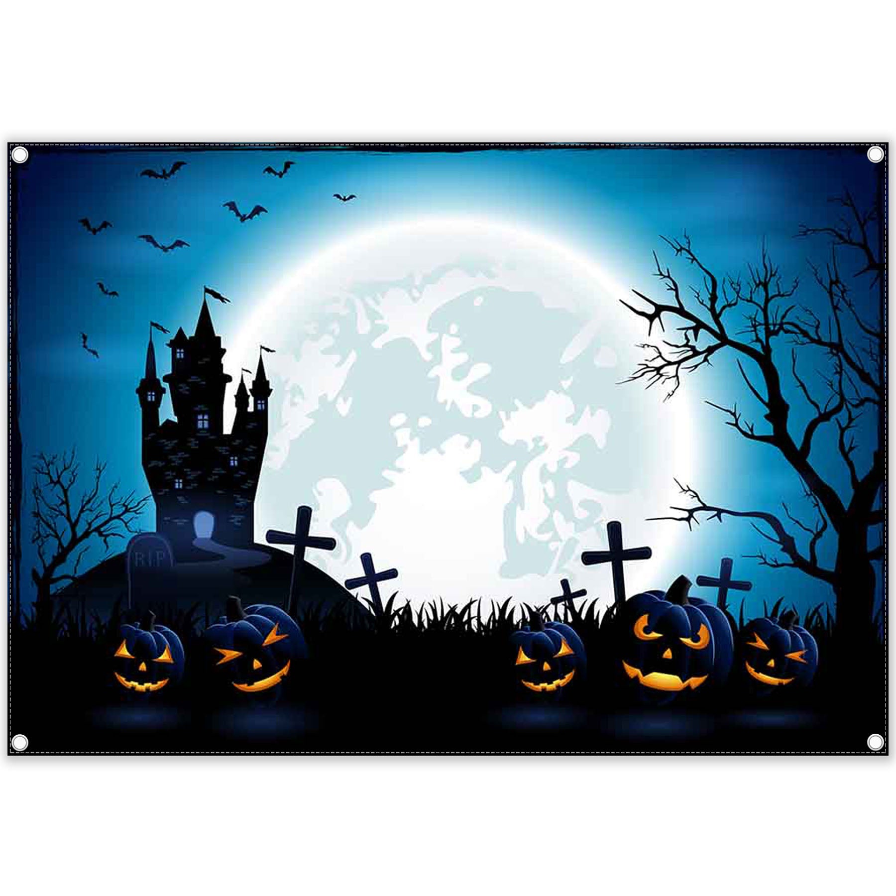 Halloween Haunted House Pumpkin Blue Backdrop