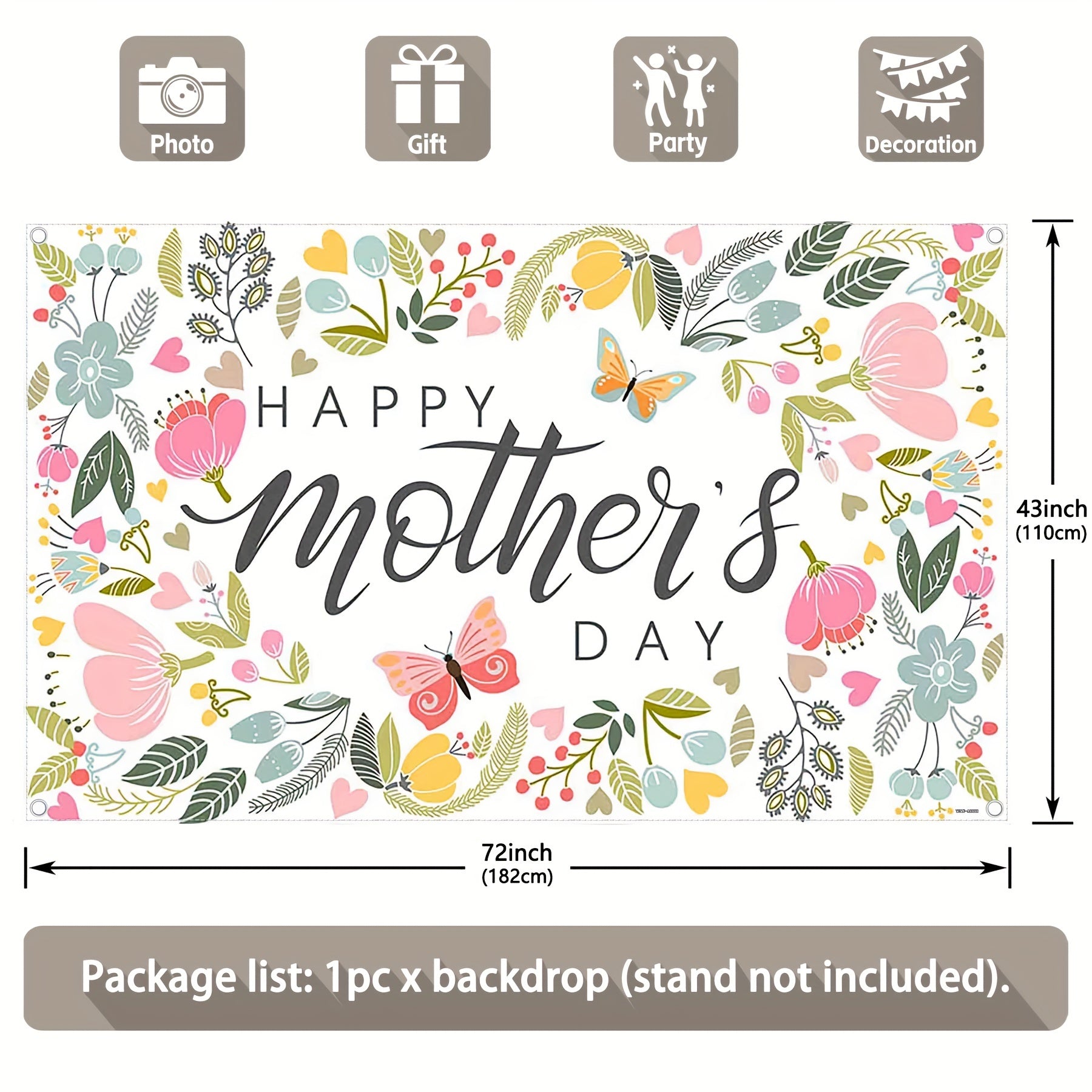 1pc, 72x43inch/96x60inch, Wild Flower Happy Mother's Day Polyester Photography Backdrop, Colorful Floral Green Leaves Butterflies Background, Thanks For Mom Fashion Celebration Birthday Party Gifts Decorations, Photo Booth Banner Supplies,Drilled Holes At - UUFelice Studio