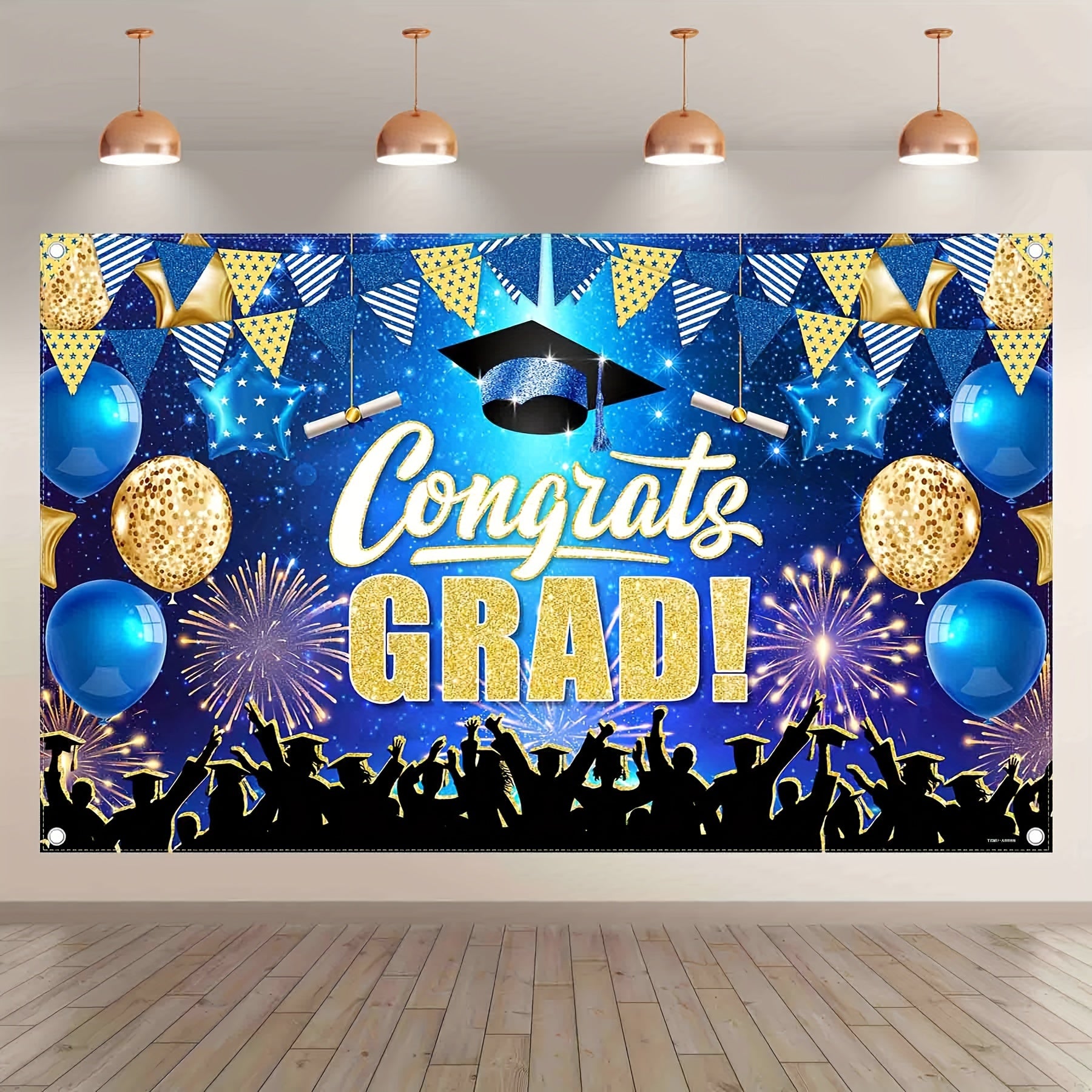 100g Boutique Polyester, 72x43inch/96x60inch, Blue Golden Happy Graduation, 2024 Elementary Junior High School High School College Star Flag Balloon Fireworks Prom Party Event Decoration Photography Background Cloth, Edged Four Holes,Machine washing - UUFelice Studio