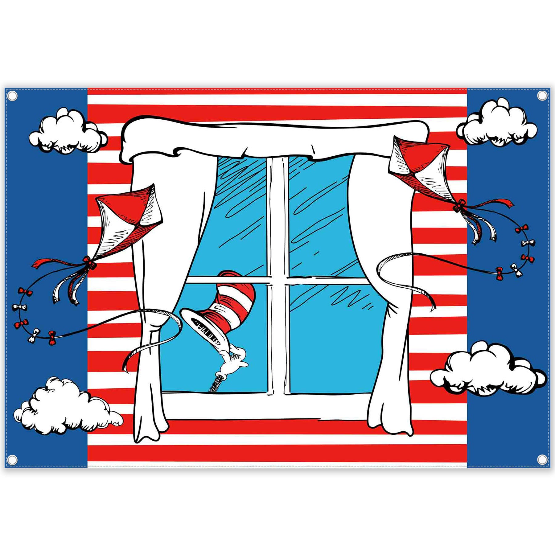 Cartoon Window Kite Red White Backdrop