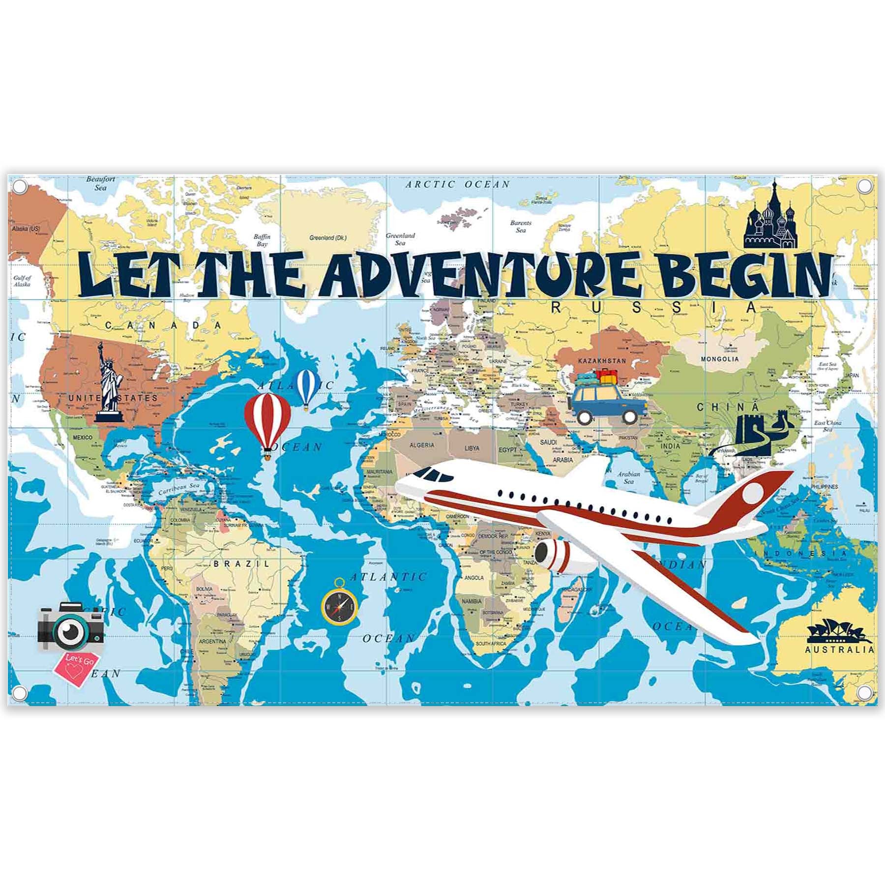 Let The Adventure Begin World Map Airplane Backdrop