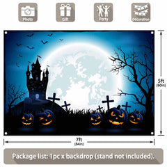 Halloween Haunted House Pumpkin Blue Backdrop