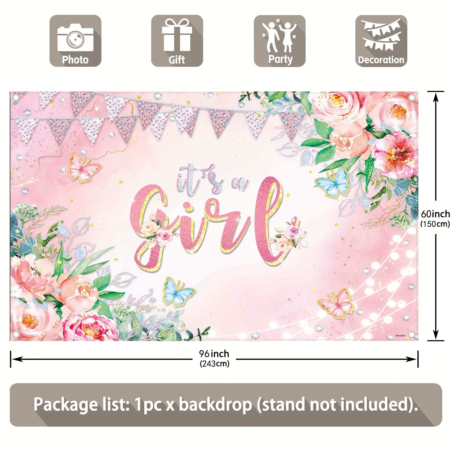 1pc, 72x43inch/96x60inch,Pink Flower It's A Girl/ Happy Birthday Polyester Photography Backdrop,Baby Shower Rose Golden Green Leaves Butterflies Background,Infant Baptism Flag Lights Celebration Birthday Party Cake Table Gifts Decorations,Photo Booth Bann - UUFelice Studio