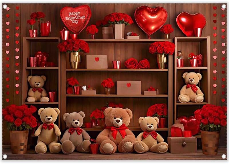 Valentine's Day Bear Red Rose Love Heart Backdrop