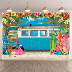 1pc, 7x5ft/8x6ft/10x8ft, Summer Hawaiian Beach Polyester Photography Backdrop Blue Caravan Travel Camping Party Photo Background, Surfboard Luau Tropical Flower Seaside Bus Banner Gifts Decorations, Photo Booths Studio Props, Birthday Cake Table Supplies, - UUFelice Studio