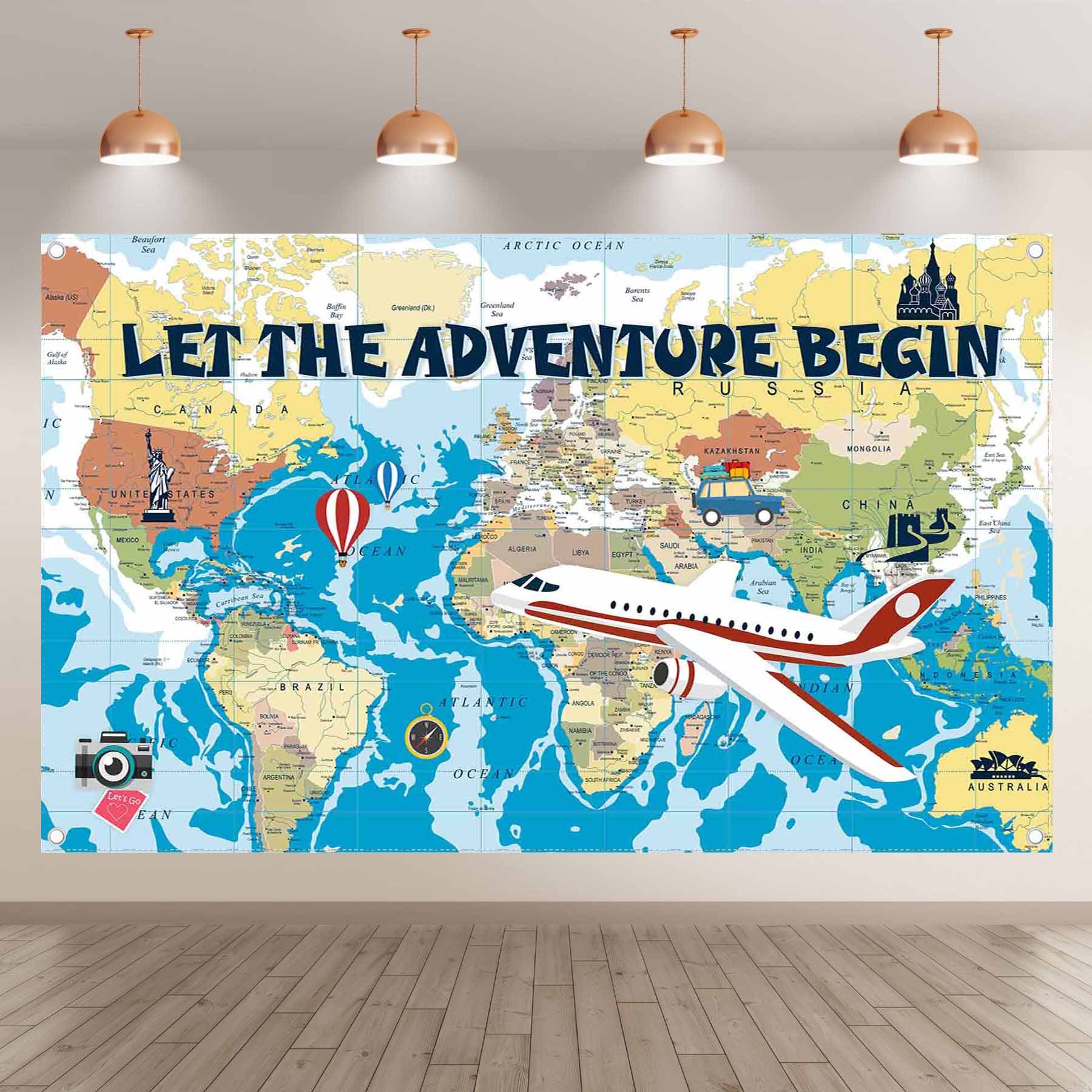 Let The Adventure Begin World Map Airplane Backdrop