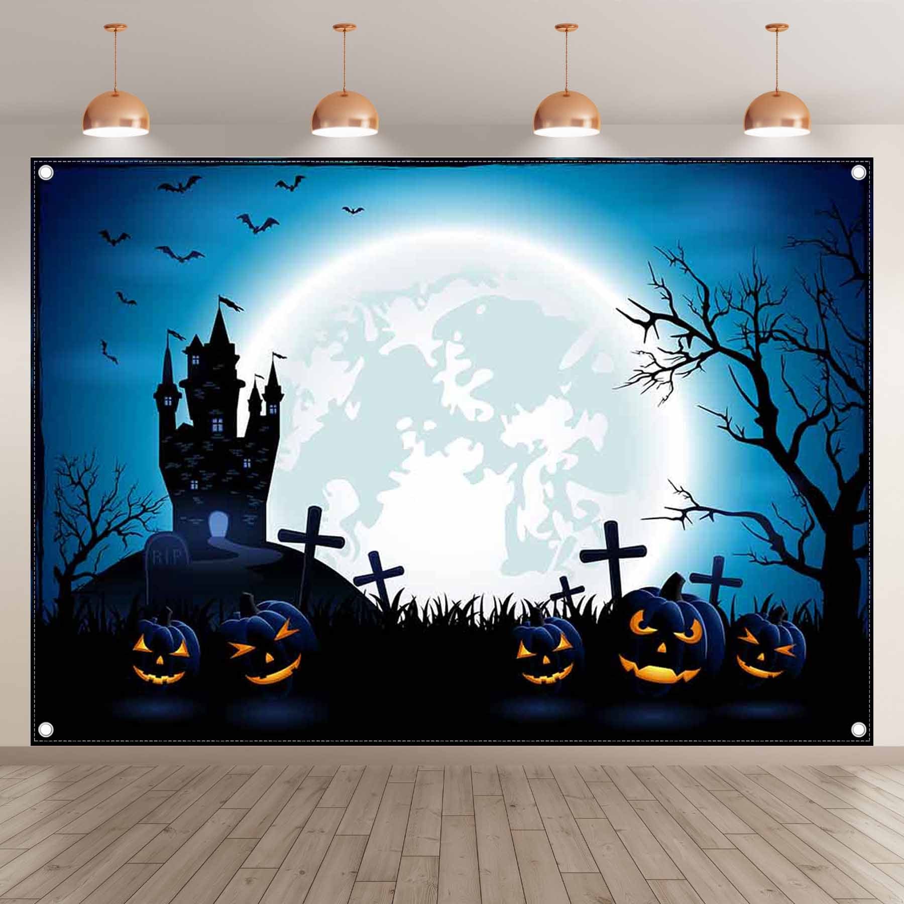 Halloween Haunted House Pumpkin Blue Backdrop