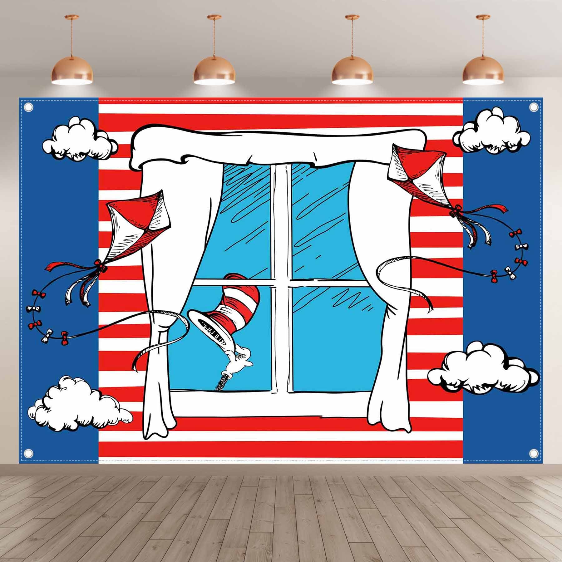 Cartoon Window Kite Red White Backdrop