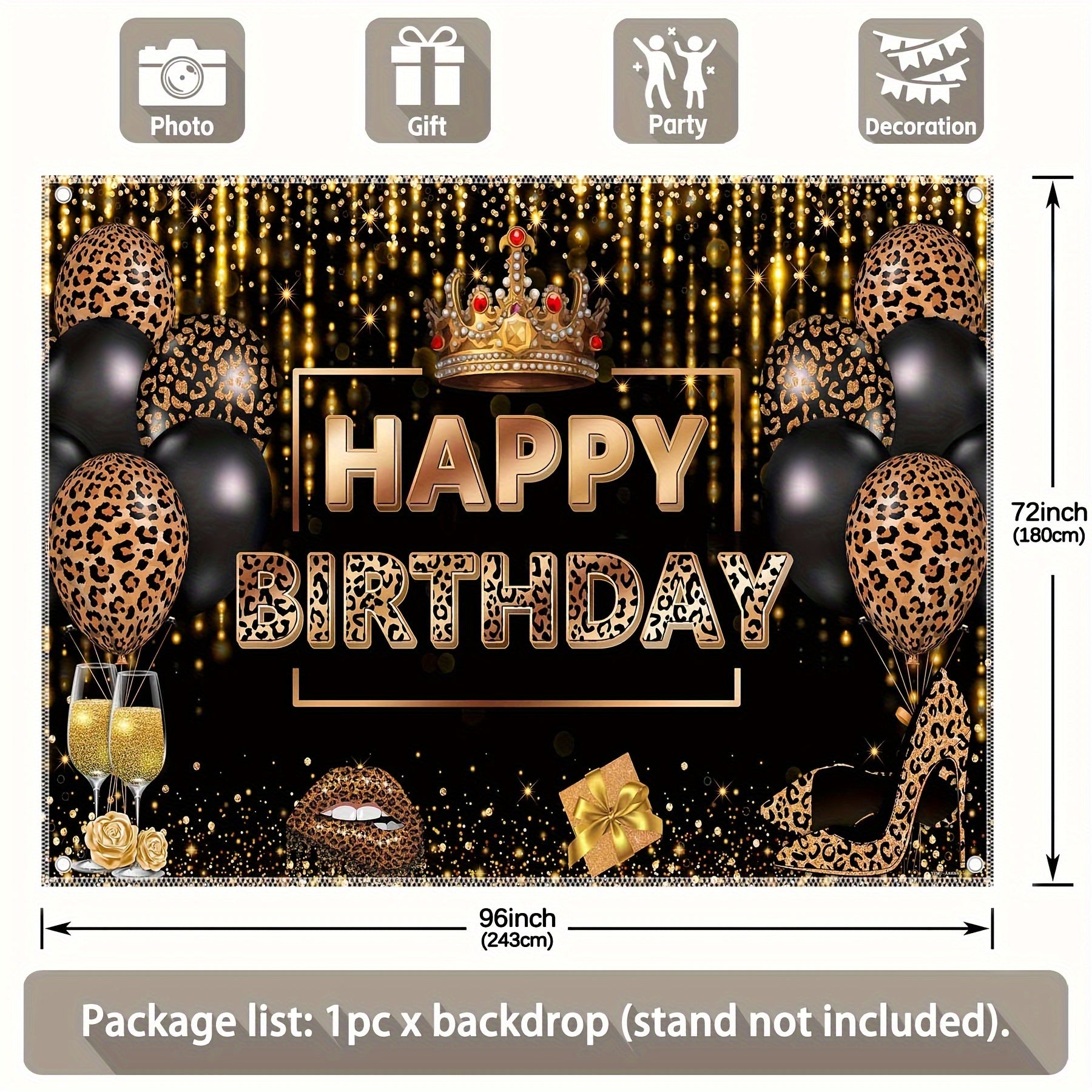 1pc, 7x5ft/8x6ft/10x8ft,Black Golden Leopard Birthday Polyester Photography Backdrop, Glitter Bokeh Balloon Background, Women Queen Party Decorations Gifts Photo Booth Banner, Drilled Holes At The Four Corners For Easy Hanging - UUFelice Studio