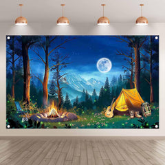 Forest Night Scene Camping  Campfire Tent Background