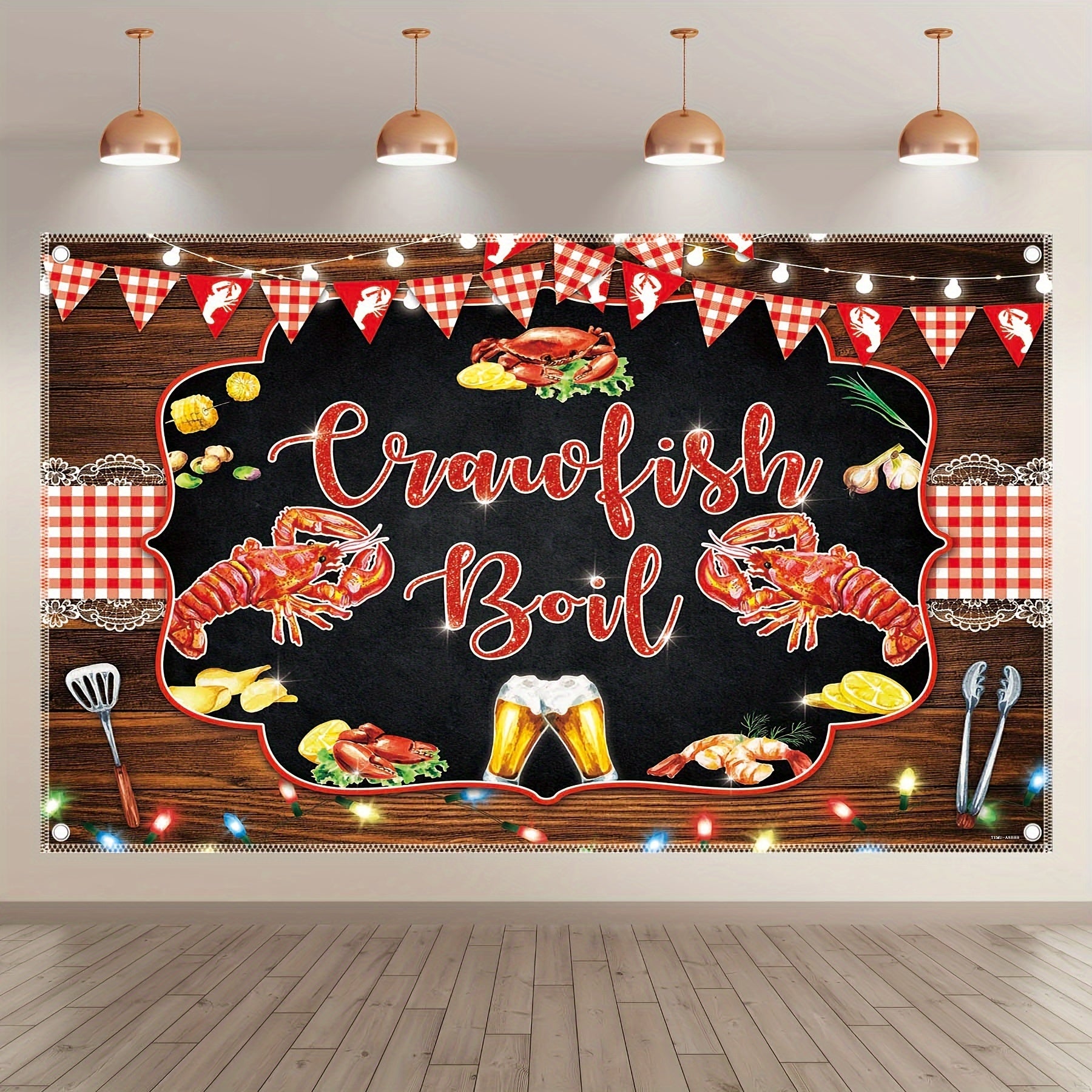 1pc, 72x43inch, Crawfish Boil Theme Polyester Photography Backdrop, Lobster Seafood Background, BBQ Beer Outdoor Party Gifts Decorations, Summer Picnic Event Supplies Photo Booth Props, Drilled Holes at the Four Corners for Easy Hanging - UUFelice Studio