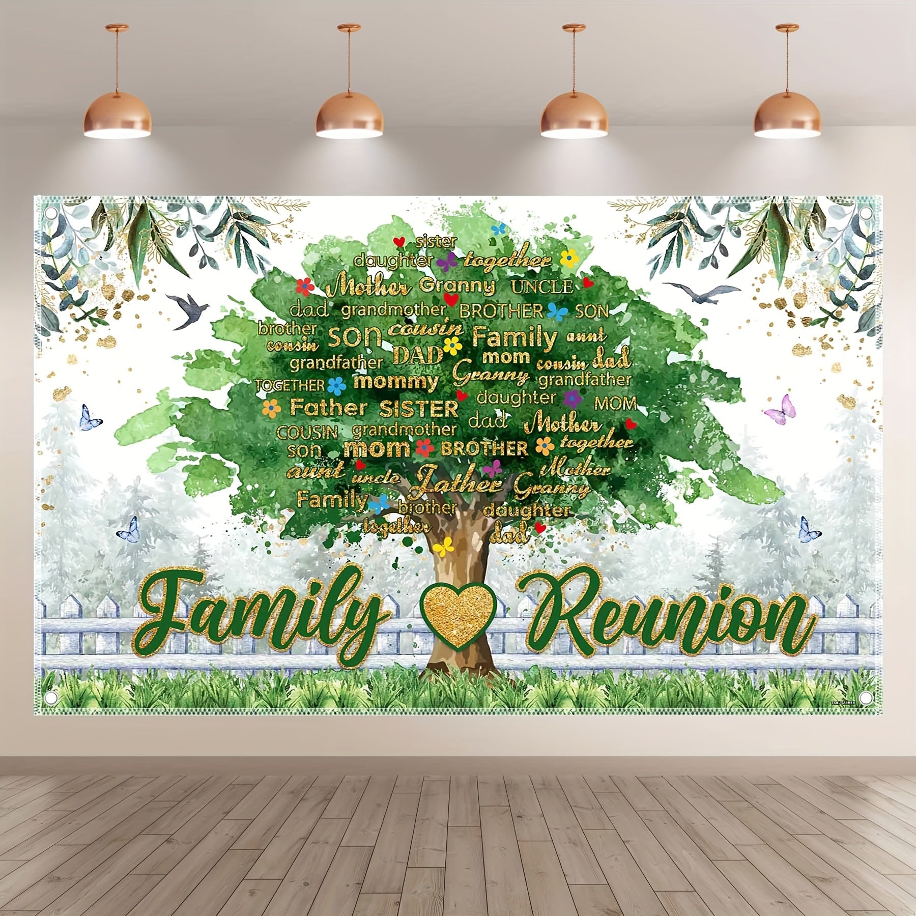 1pc, 72x43inch, Family Reunion Polyester Photography Backdrop, Family Tree Members Background, Gathering Gold and Green Party Gifts Decorations, Welcome Home Photo Booth Banner Tapestry, Drilled Holes At The Four Corners For Easy Hanging - UUFelice Studio