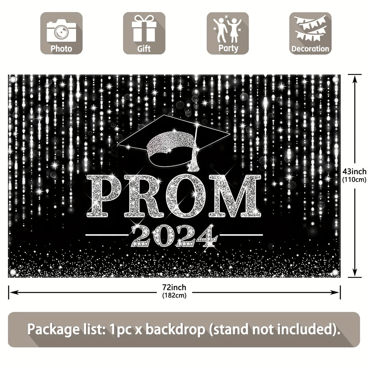 1pc 72x43inch/96x60inch, Black Golden/Black Silvery Prom 2024 Polyester Photography Backdrop, Congrats Grad Sprinkle Glitter Star Background, Elementary Junior Senior High School College University Celebration, Happy Graduation Party Decorations Gifts, Ph - UUFelice Studio