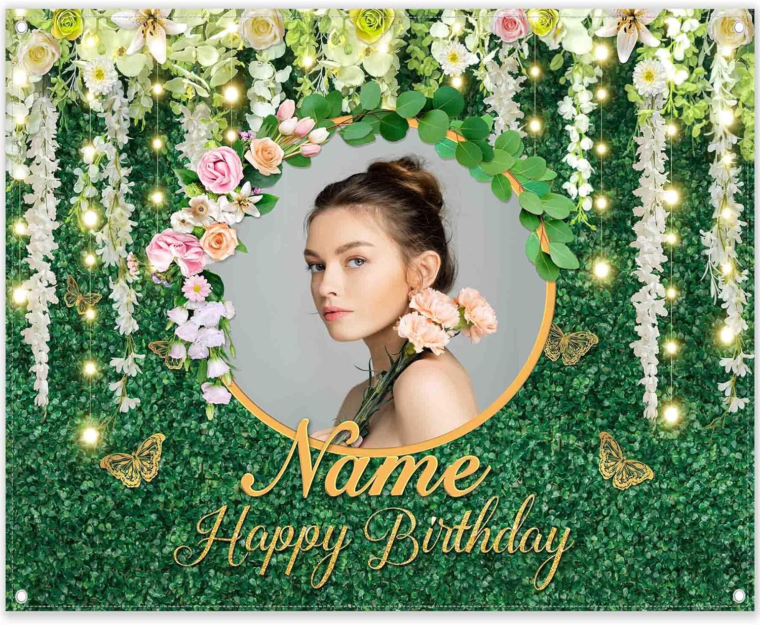 Custom DIY Name Photo Greenery Neutral Birthday Backdrop