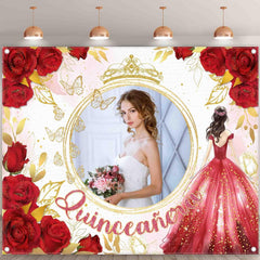 Custom DIY Name Photo Quinceanera spanish red rose crown butterfly backdrop