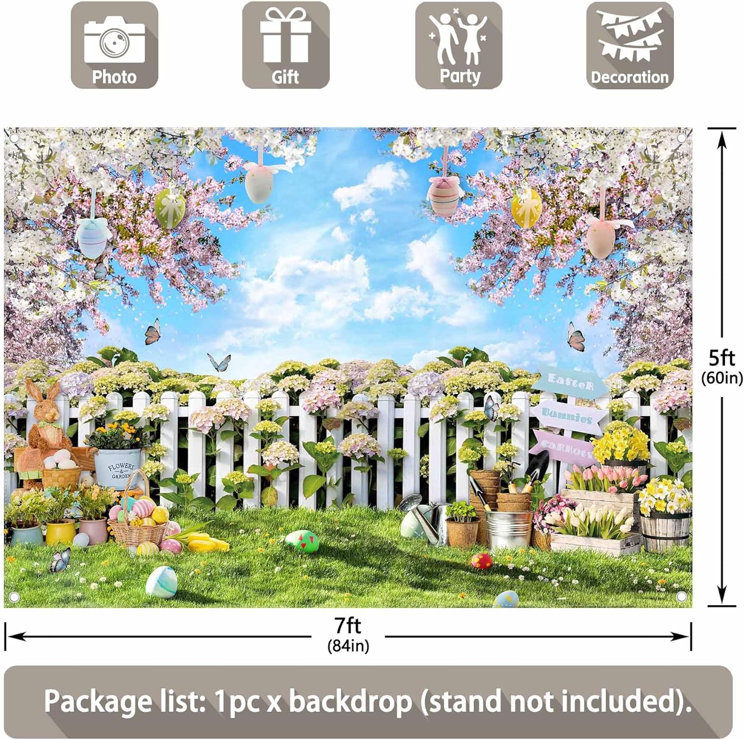 Easter Garden Fence Bunny Eggs Flowers Backdrop