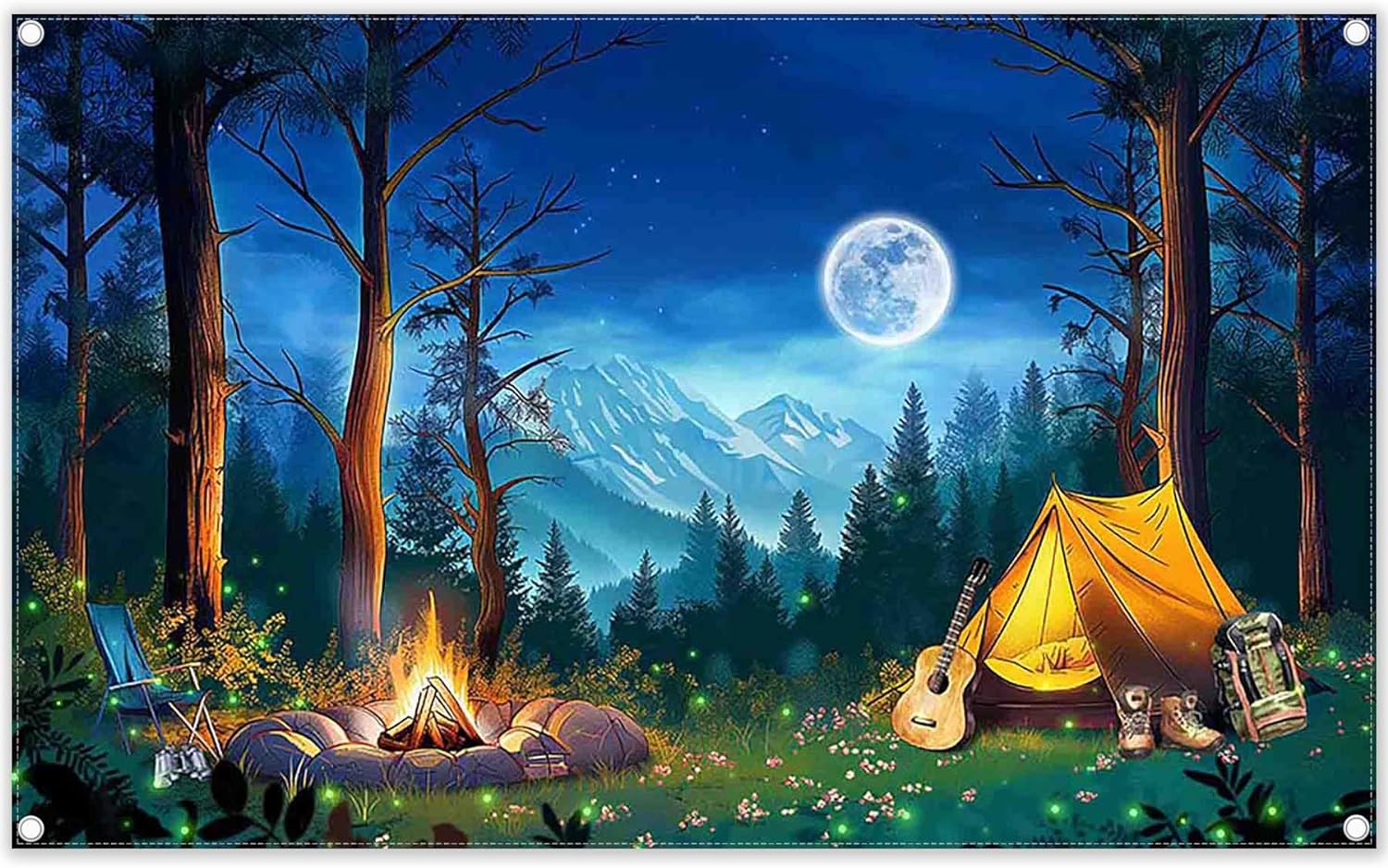 Forest Night Scene Camping  Campfire Tent Background