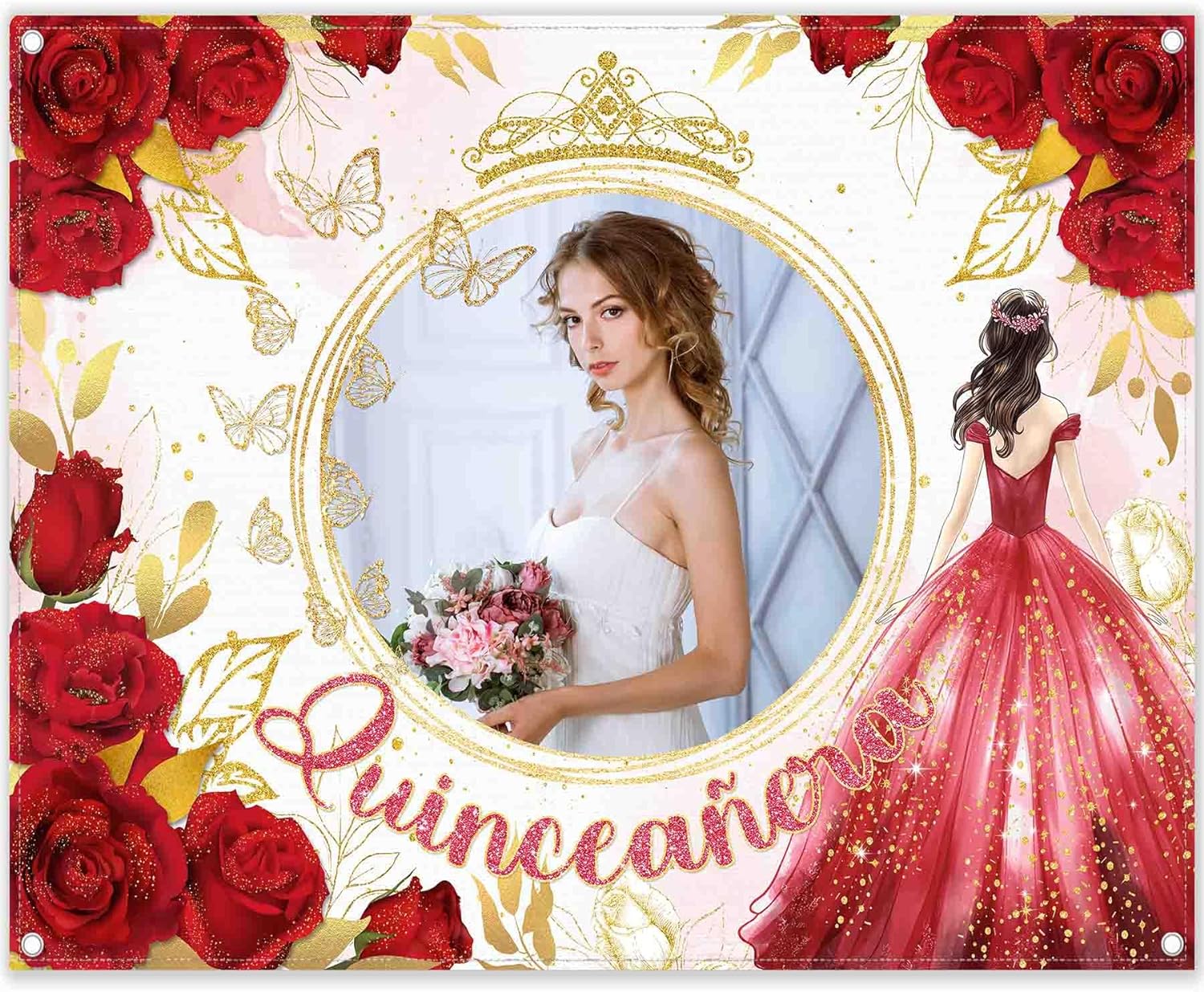 Custom DIY Name Photo Quinceanera spanish red rose crown butterfly backdrop