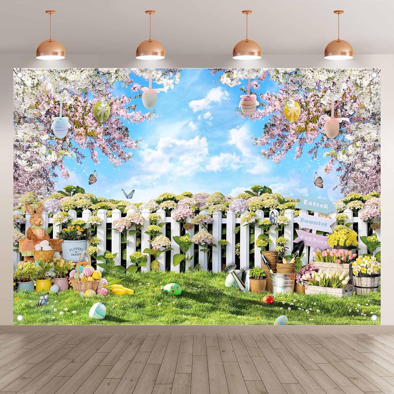 Easter Garden Fence Bunny Eggs Flowers Backdrop