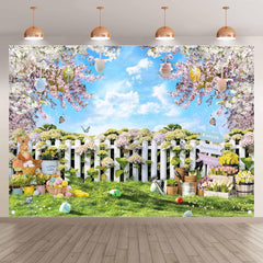 Easter Garden Fence Bunny Eggs Flowers Backdrop