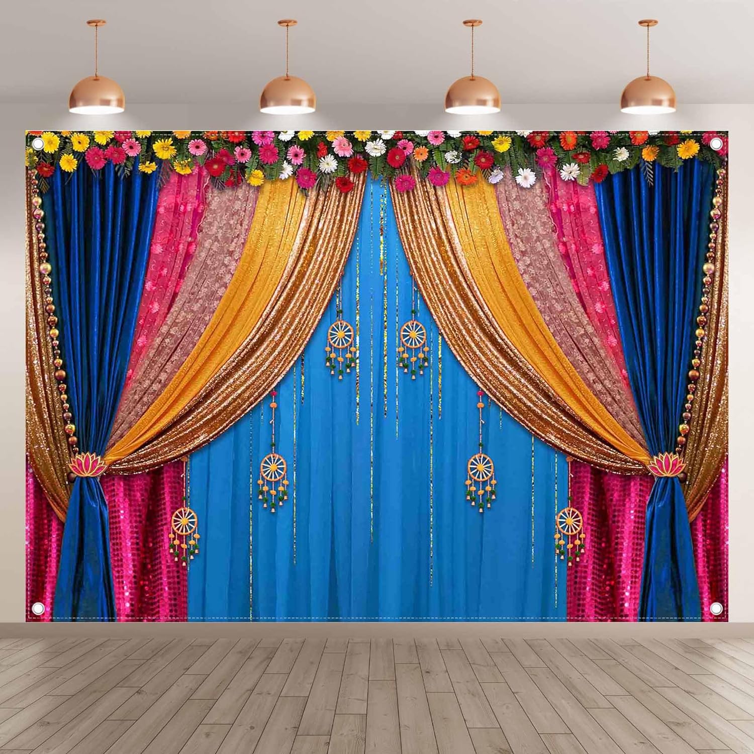 1pc,7x5ft Polyester Indian Traditional Backdrop Macrame Marigold Garland Colorful Curtain Photography Background Hindu Wedding Banner Diwali Pooja Decorations Photo Props - UUFelice Studio