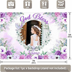 Custom DIY Name Photo Backdrop Purple Flowers God Bless Backdrop