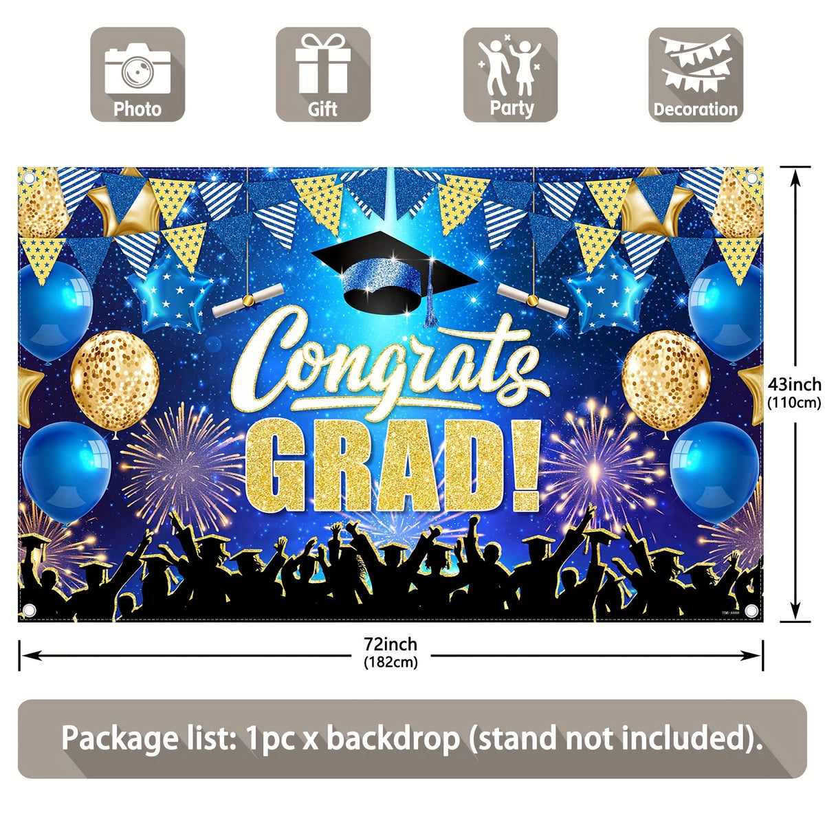 100g Boutique Polyester, 72x43inch/96x60inch, Blue Golden Happy Graduation, 2024 Elementary Junior High School High School College Star Flag Balloon Fireworks Prom Party Event Decoration Photography Background Cloth, Edged Four Holes,Machine washing - UUFelice Studio