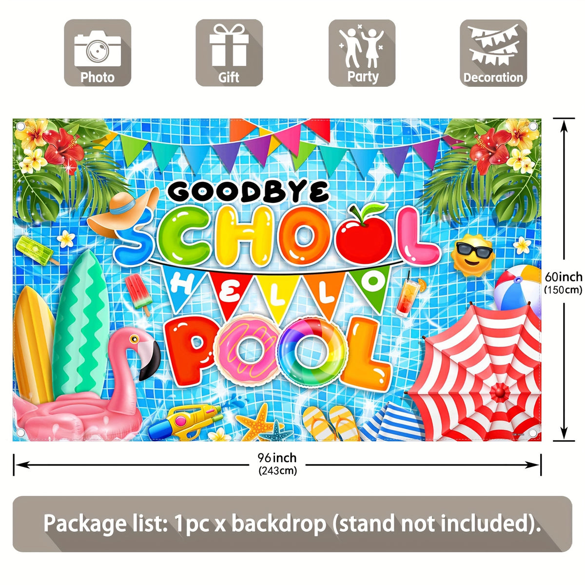 1pc, 72x43inch/96x60inch,Summer Vacation Goodbye School Hello Pool Polyester Photography Backdrop,Hawaiian Surfing Skateboard Party Photo Background Tapestry,Ice Cream Juice Party Gifts Decorations,Photo Booths Studio Props, Birthday Cake Table Supplies R - UUFelice Studio