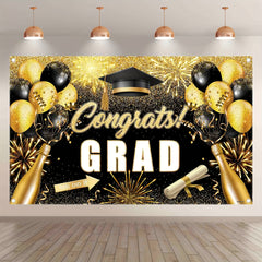 1pc, 72x43inch/96x60inch, Black Golden Congrats Grad Polyester Photography Backdrop, Class Of 2024 Glitter Firework Balloons Prom Background, Elementary Junior Senior High School College University Celebration, Happy Graduation Party Decorations Gifts, Ph - UUFelice Studio