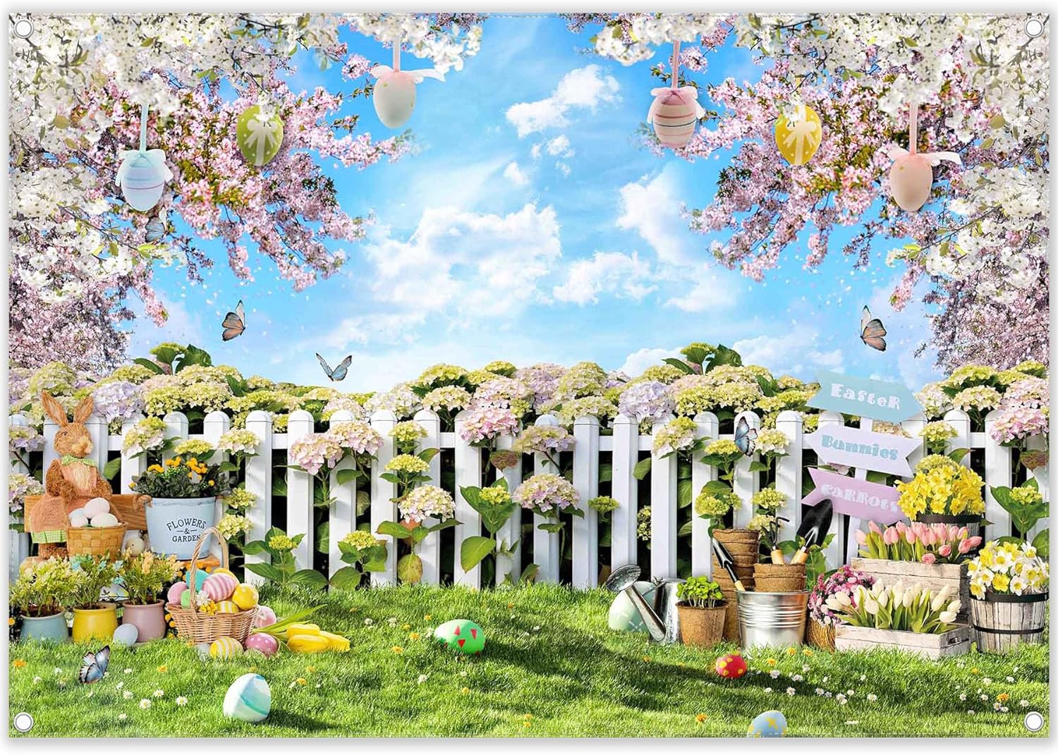 Easter Garden Fence Bunny Eggs Flowers Backdrop