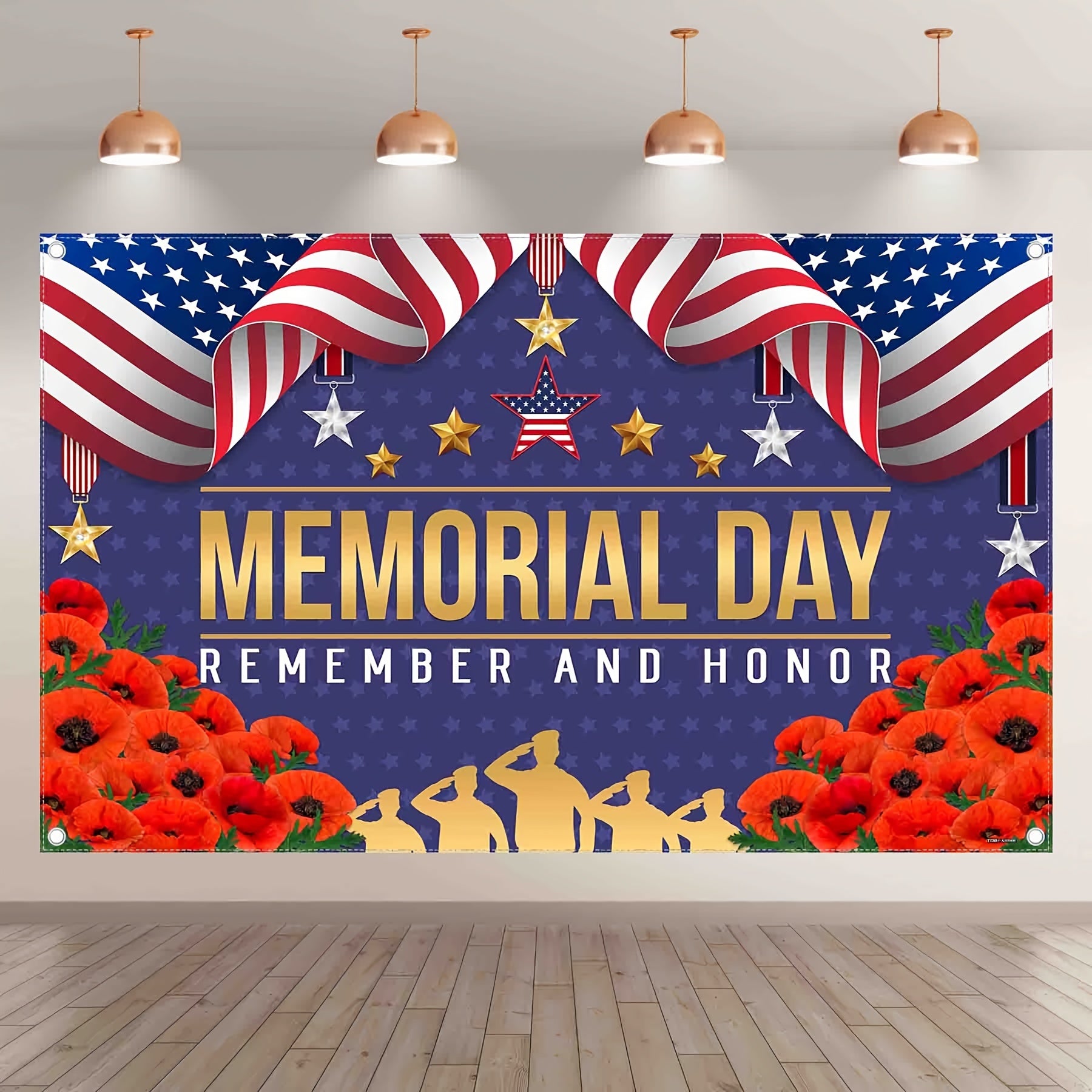 1pc 72x43inch/96x60inch, American Memorial Day Polyester Photography Backdrop, Remember And Honor Patriotic Soldier Background, Stars Stripes Flag Party Gifts Decorations, Photo Booth Banner Supplies, Drilled Holes At The Four Corners For Easy Hanging - UUFelice Studio